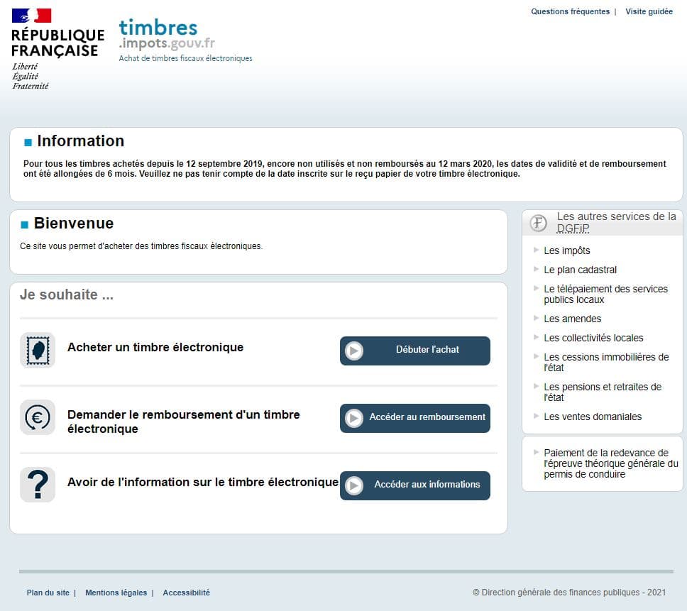 Page d'accueil timbres.impots.gouv.fr