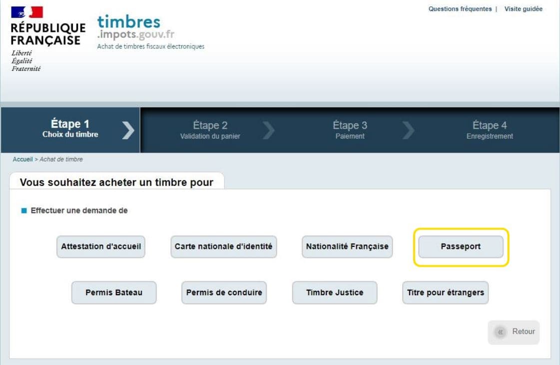 Choix du type de demande (ex. passeport)
