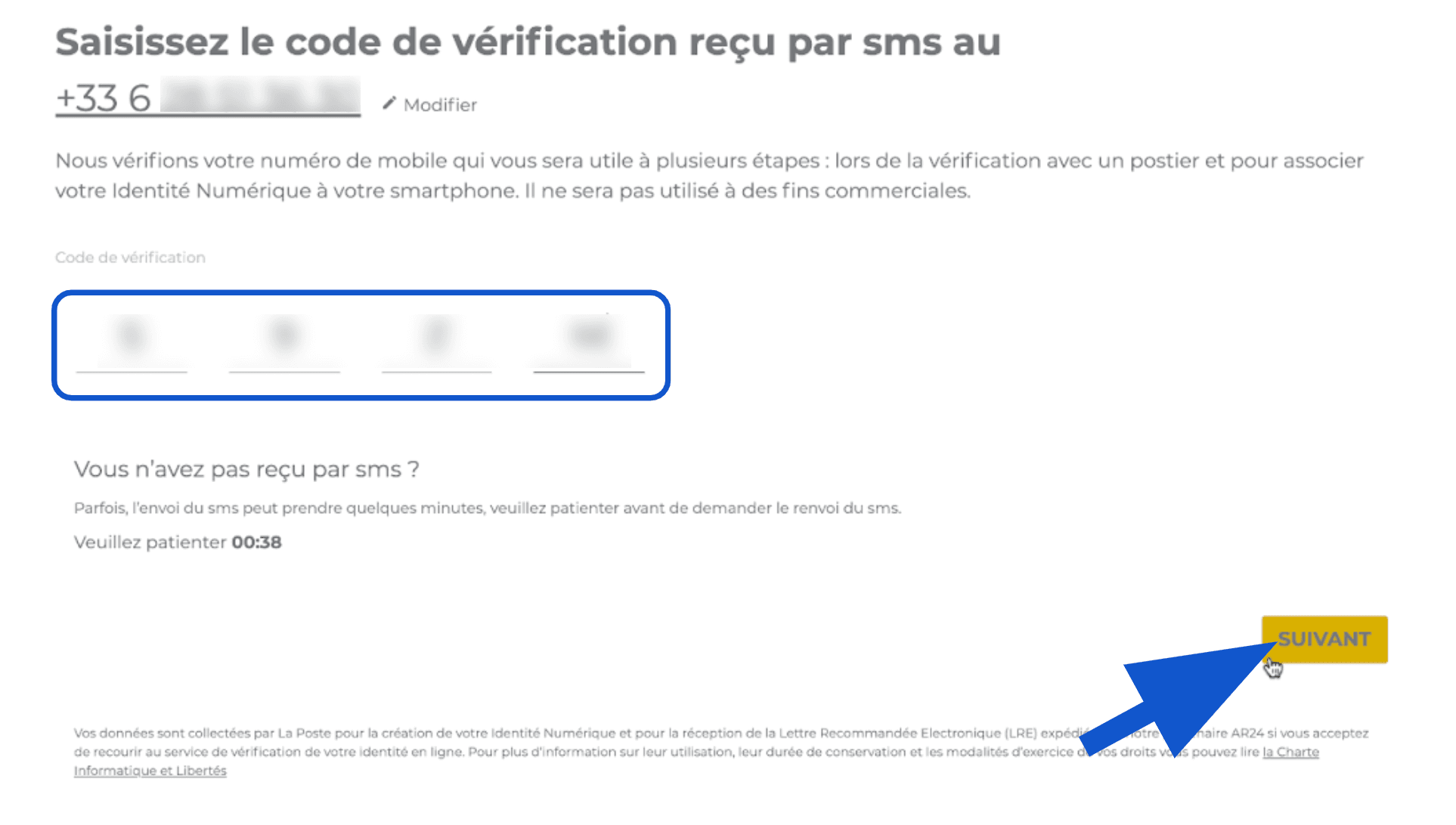 Saisie du code de vérification