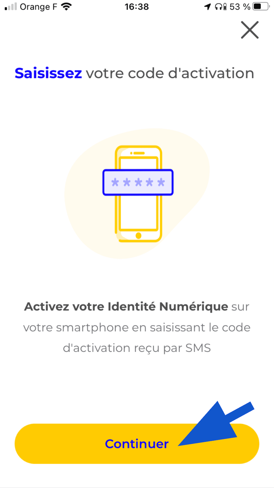 Saisie du code d'activation
