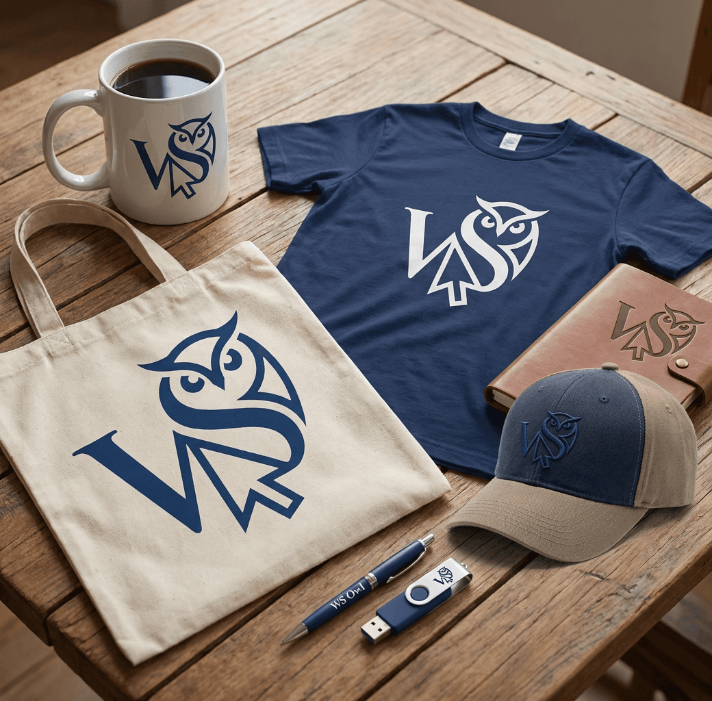 Sélection de goodies WebSenior disposés sur une table en bois : mug, tote bag en coton, t-shirt bleu marine, carnet façon cuir, casquette, stylo et clé USB, tous à l'effigie du hibou WebSenior.
