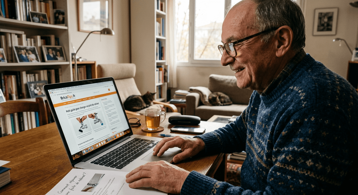 Un homme senior souriant lit un site de conseils et astuces pratiques sur son ordinateur portable, une fiche imprimée à la main.