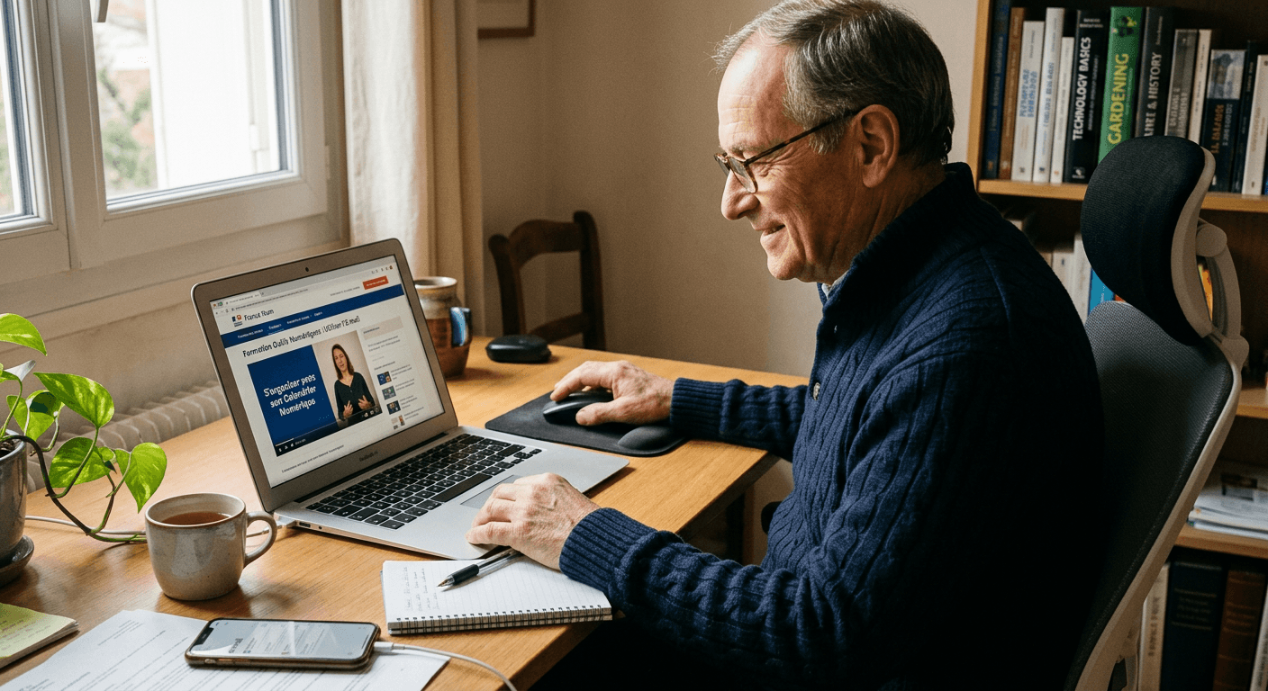 Un homme senior souriant, à son bureau, suit une formation numérique en ligne sur son ordinateur portable.