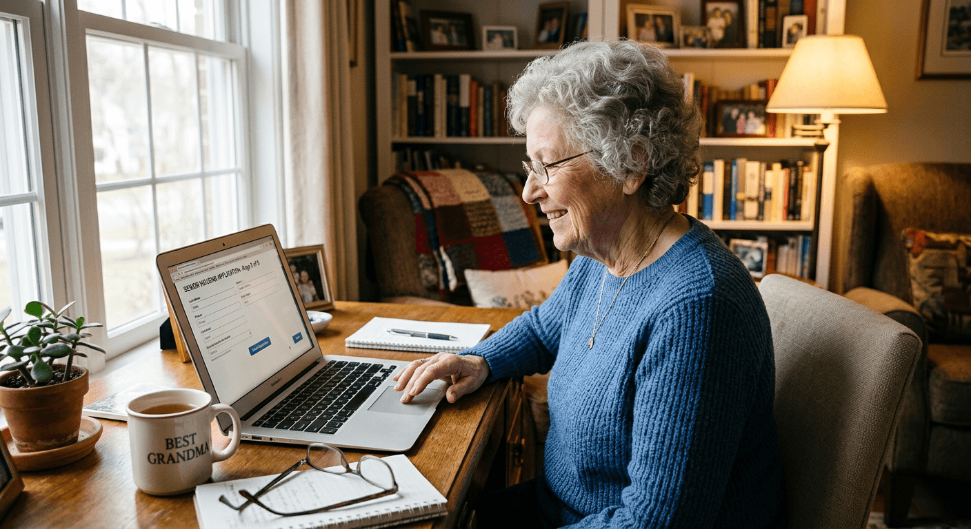 Une femme senior souriante, assise à son bureau, remplit un formulaire de démarche en ligne sur son ordinateur portable dans un salon chaleureux.