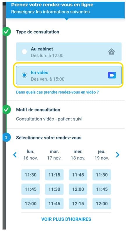 Choisir « En vidéo » lors de la prise de rendez-vous