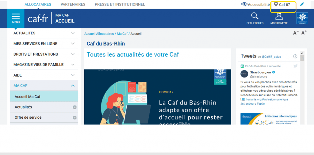 Saisie du code postal sur caf.fr