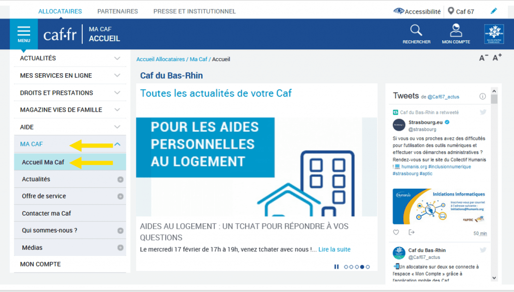 Menu « Ma Caf » — Accueil