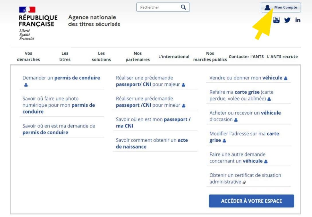 Page d'accueil ANTS — « Mon compte »
