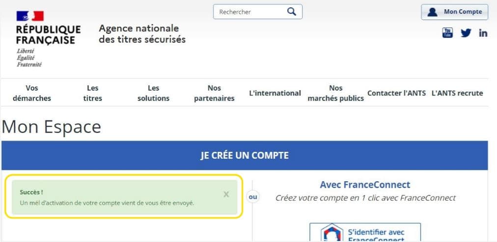 Envoi de l'e-mail d'activation