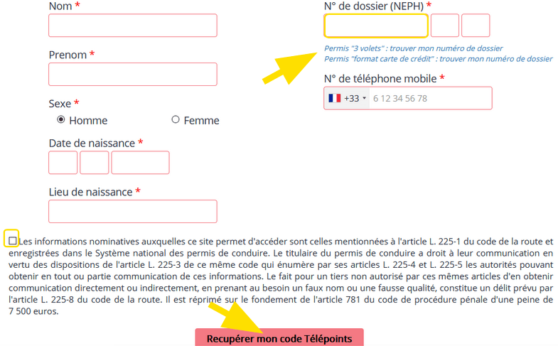 Formulaire de récupération du code confidentiel