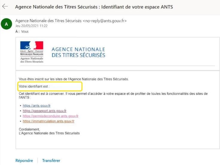 E-mail avec l'identifiant