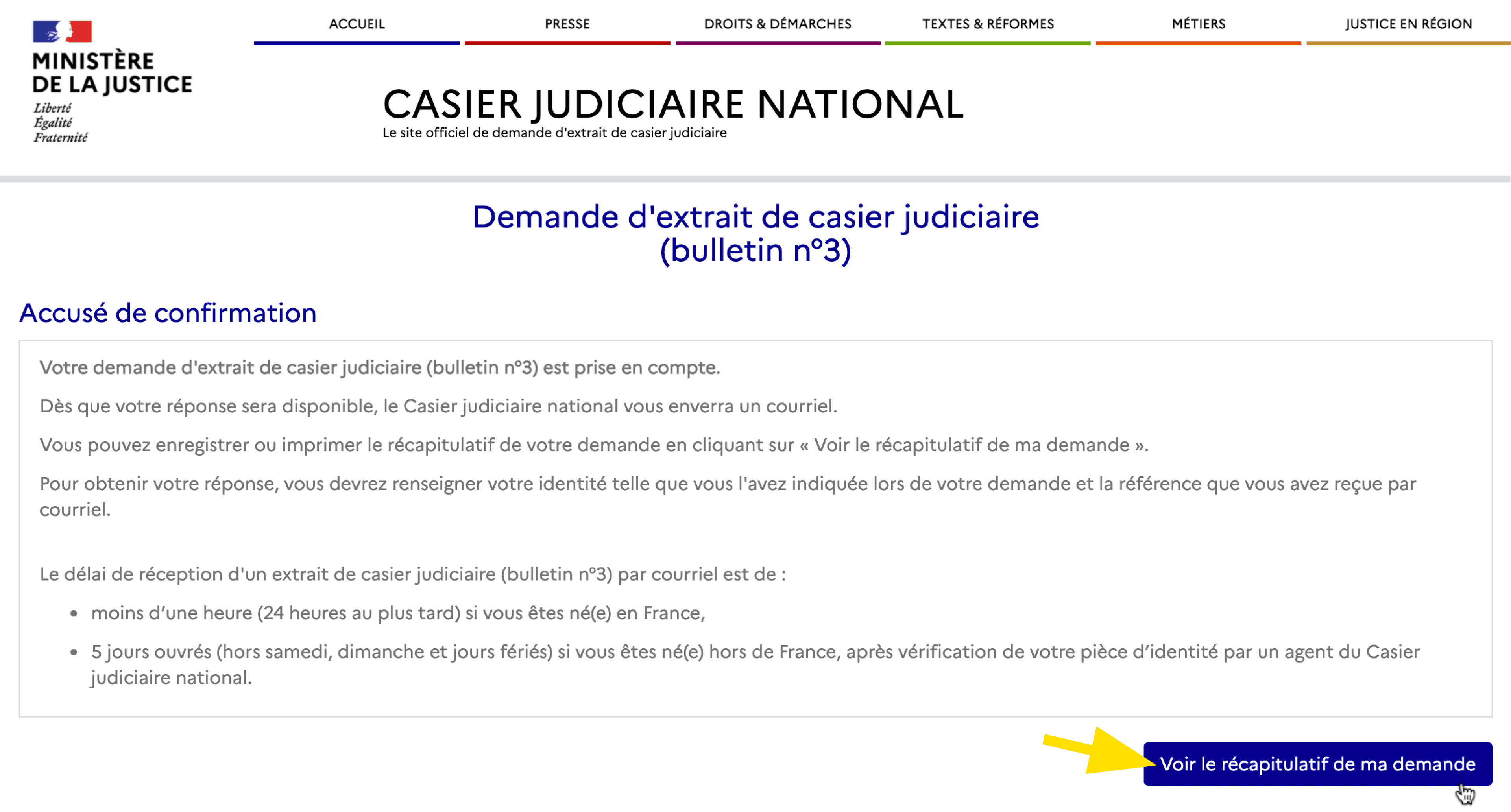 Récapitulatif de la demande