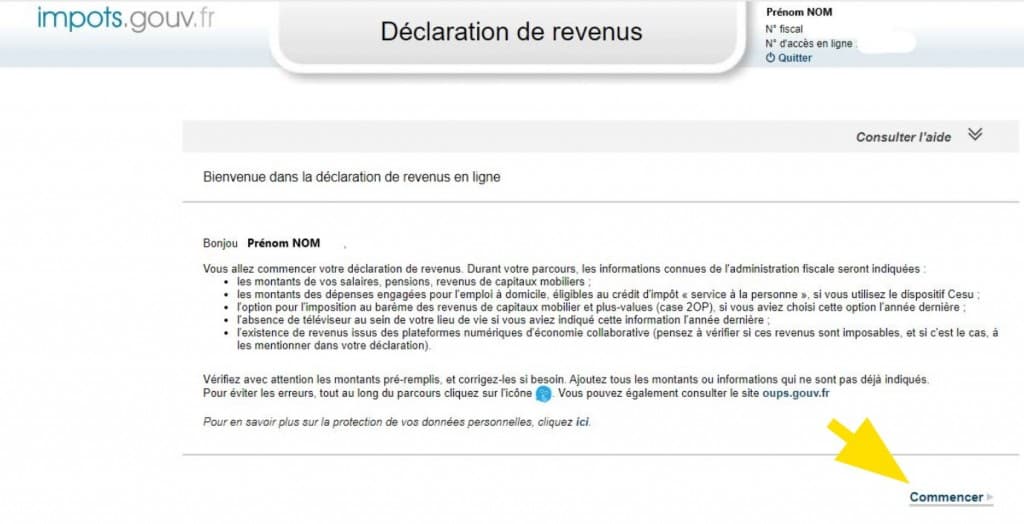 Déclaration — bouton « Commencer »