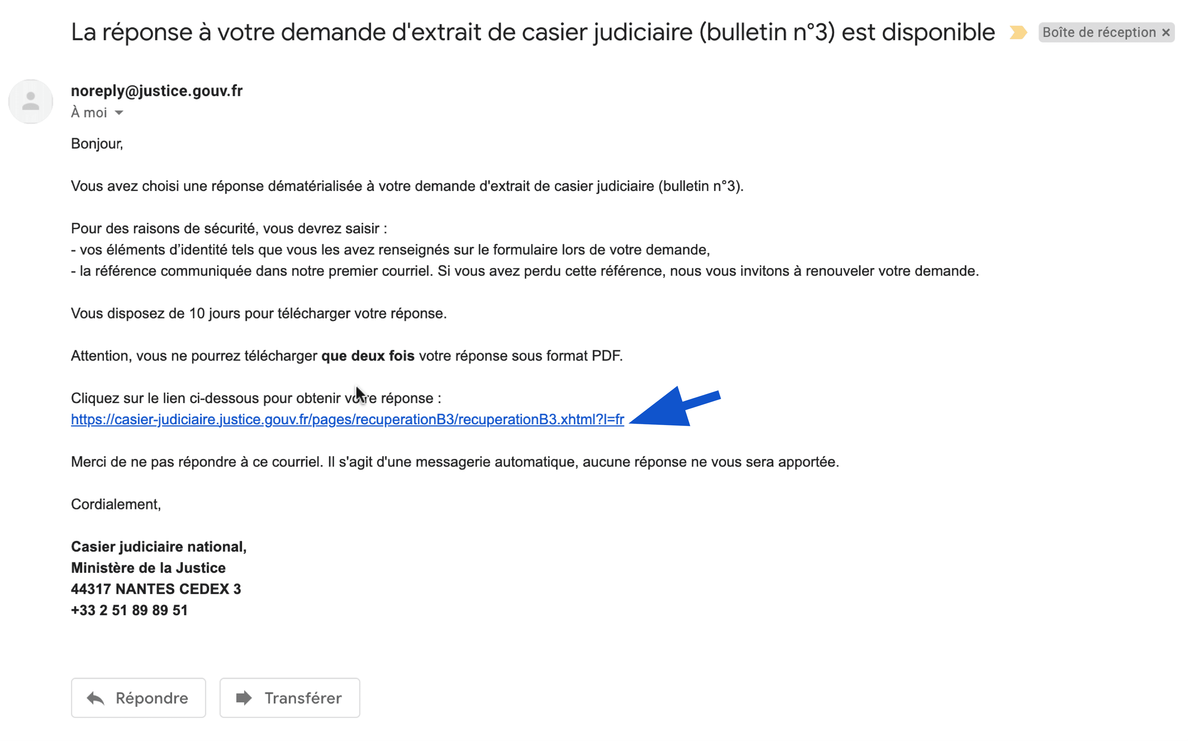 E-mail contenant l'extrait