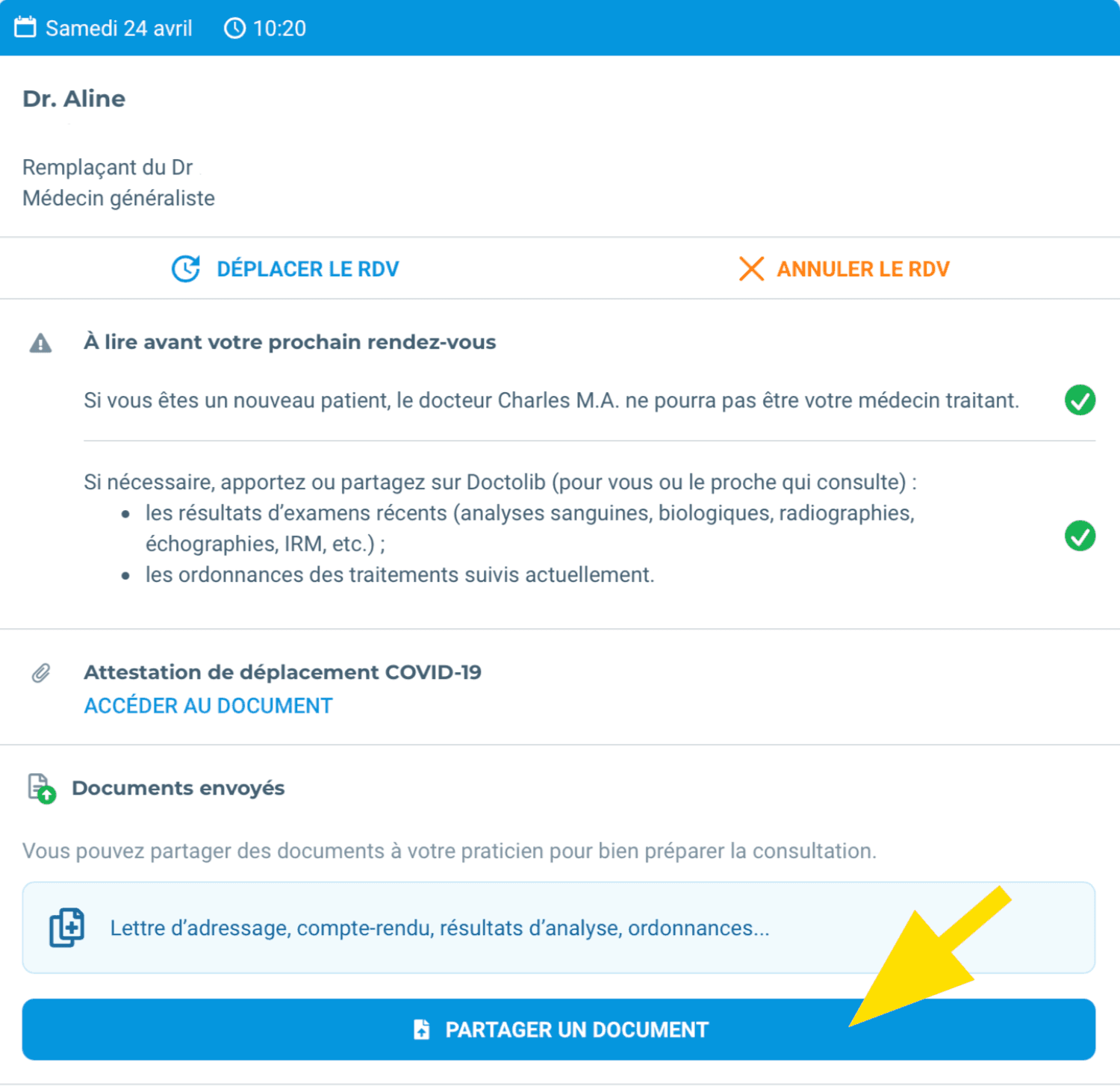 Option « Partager un document » sur le rendez-vous