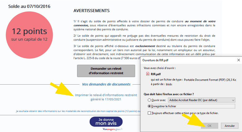 Imprimer le relevé d'information restreint