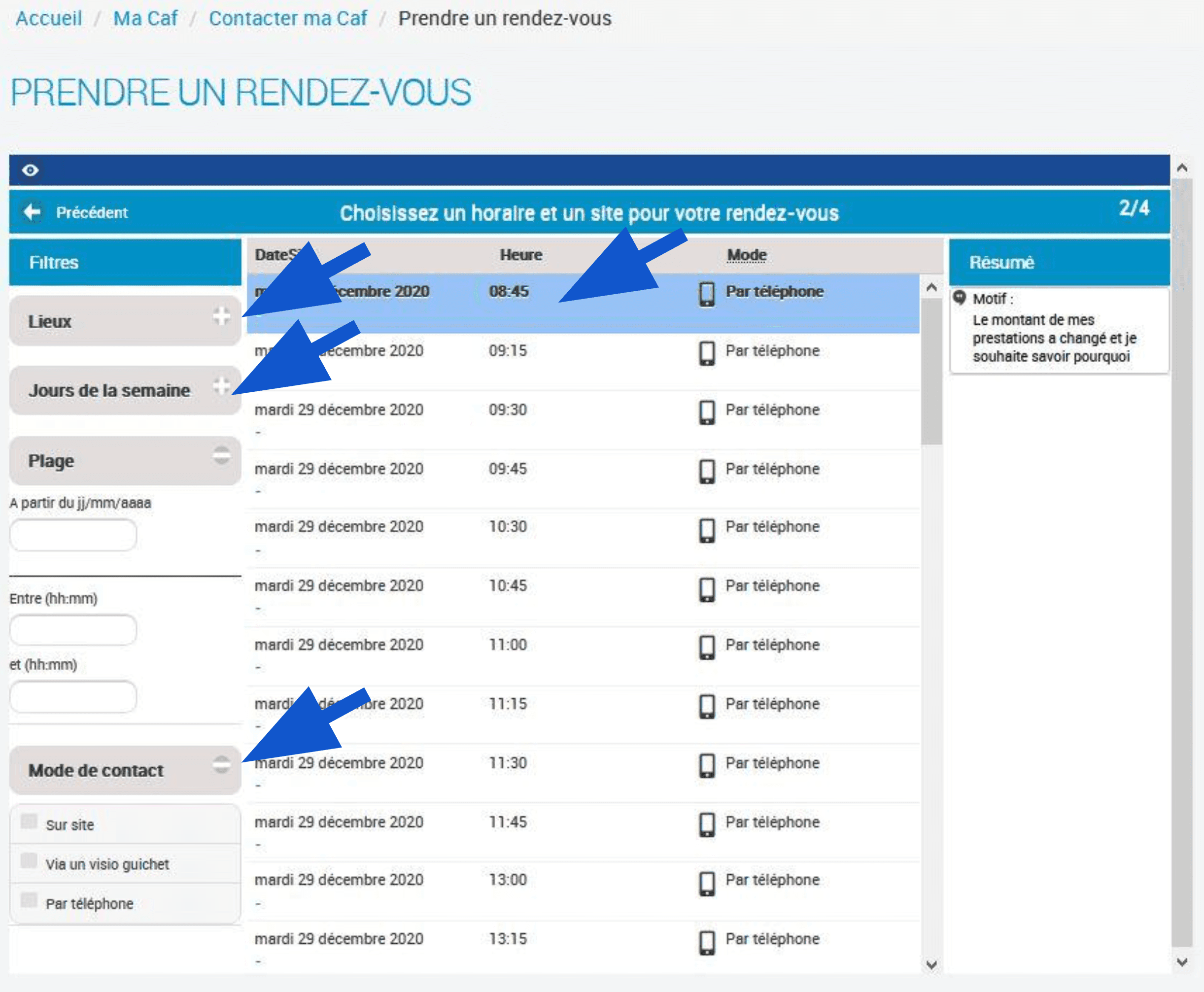 Filtres date, lieu, mode de contact