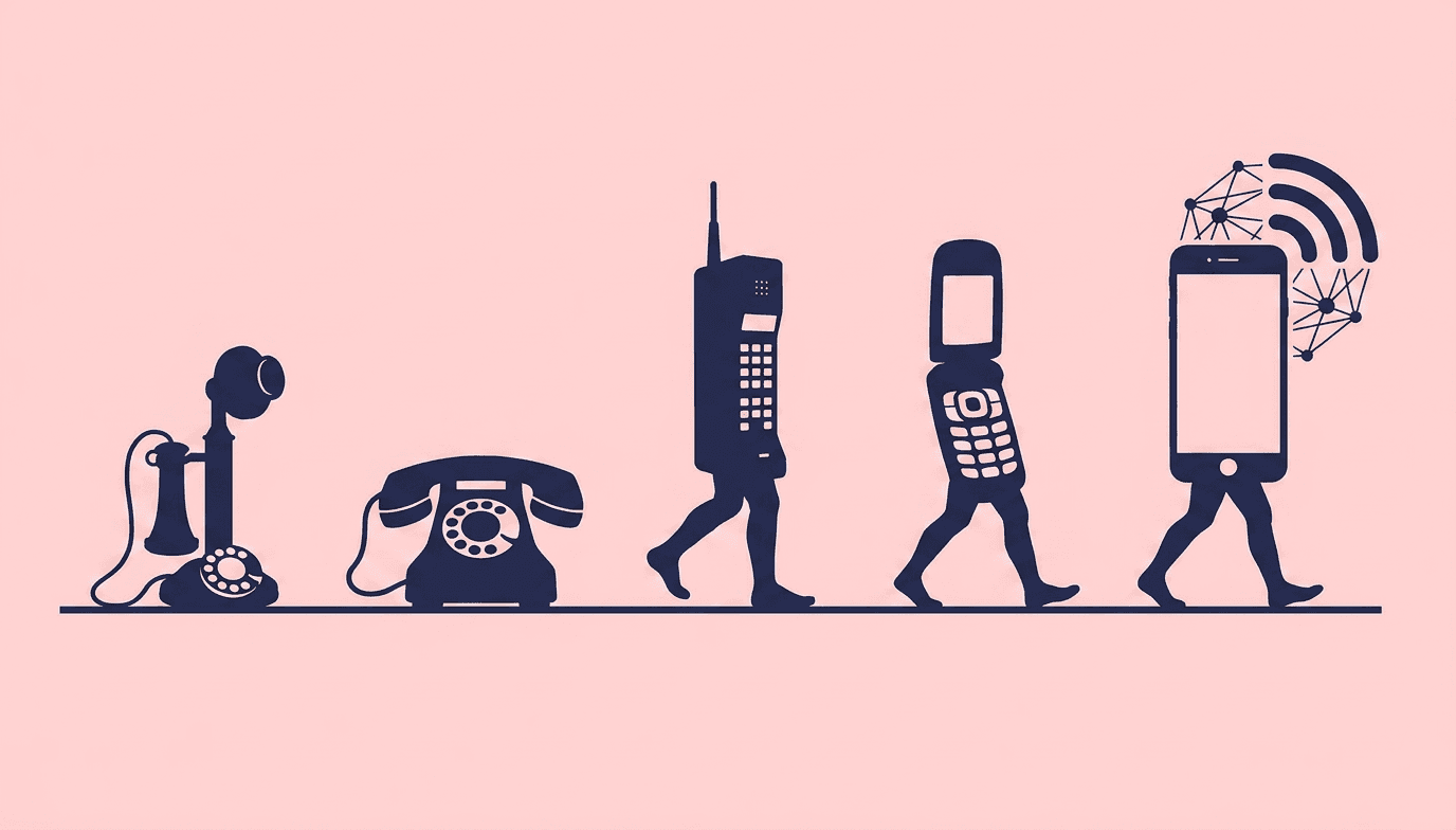 Illustration de l'évolution du téléphone, du téléphone fixe à cadran des débuts jusqu'au smartphone connecté d'aujourd'hui, en passant par le téléphone mobile des années 1980 et le téléphone à clapet des années 2000.