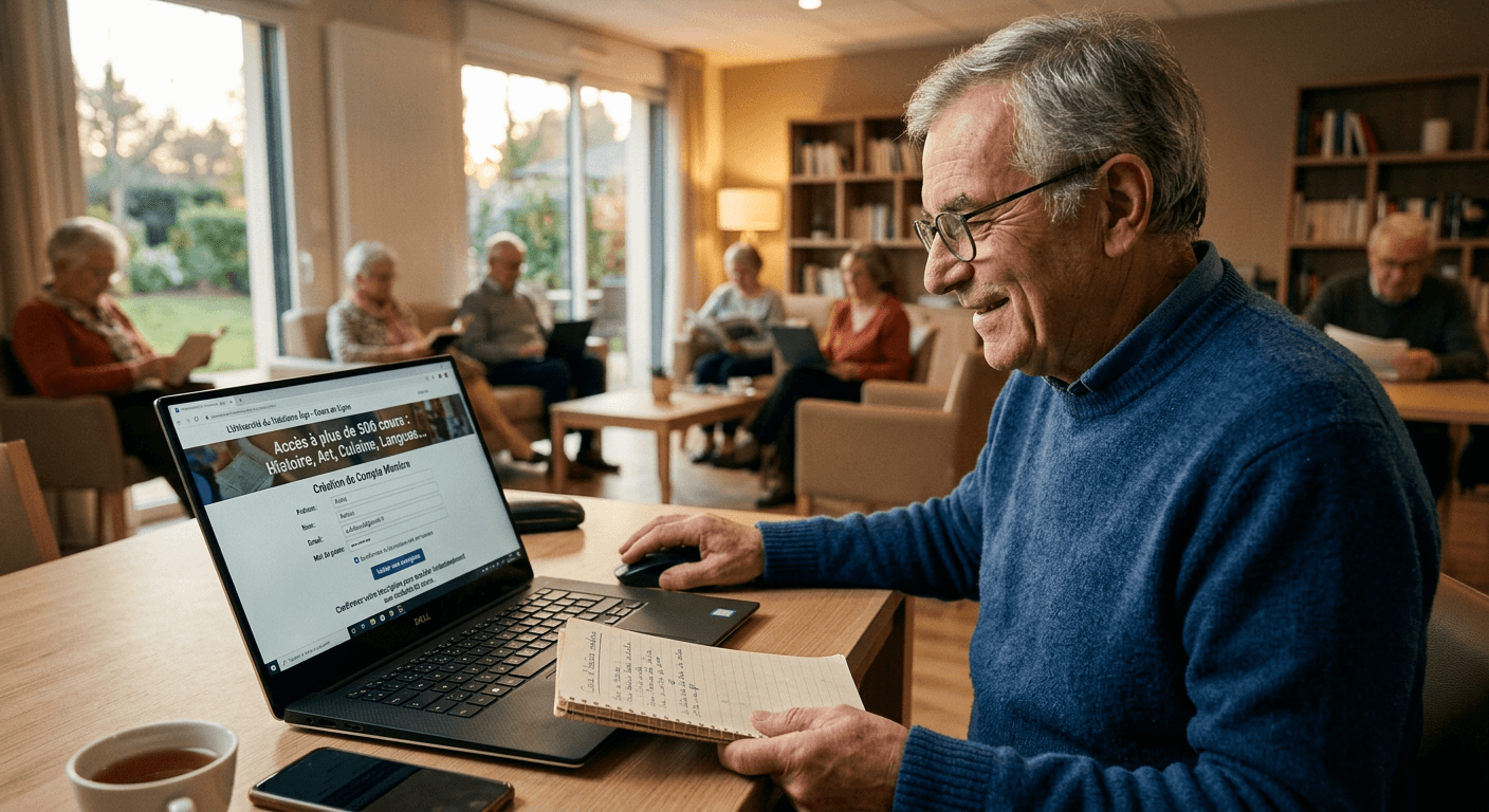 Un homme senior souriant consulte l'espace Membre Premium sur son ordinateur portable, carnet à la main, dans un salon partagé avec d'autres seniors en arrière-plan.