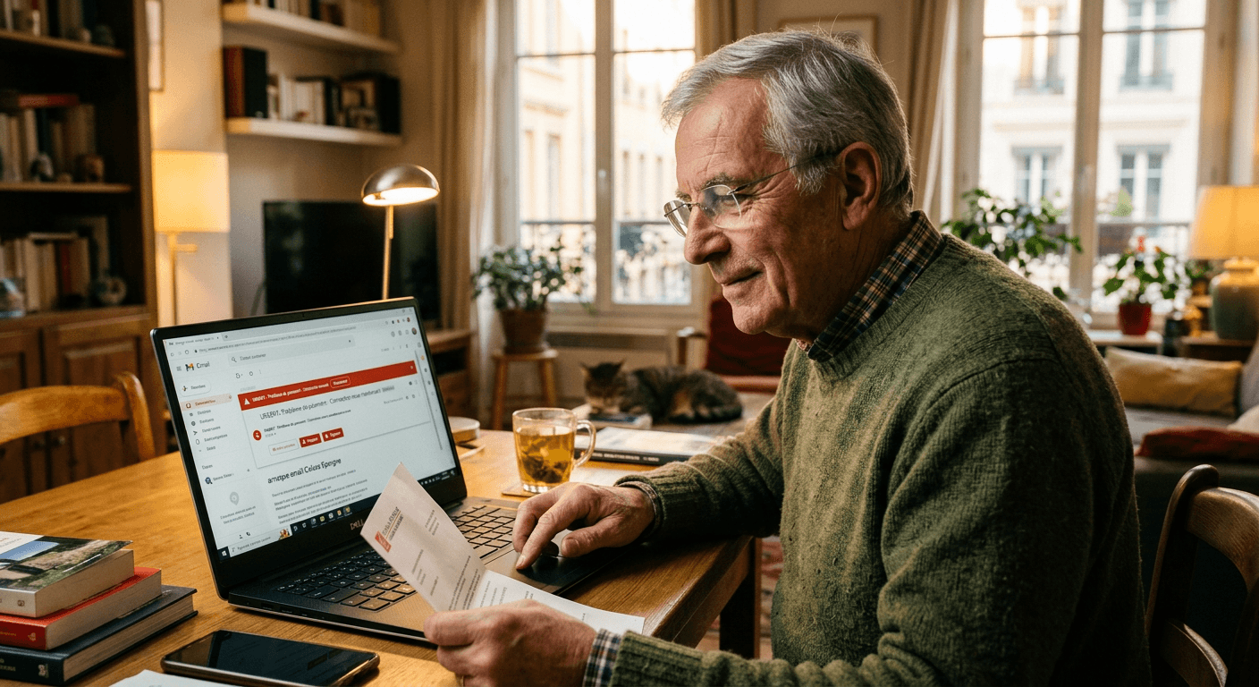 Un homme senior souriant, assis à son bureau, examine un e-mail suspect reçu sur son ordinateur portable, une enveloppe à la main.