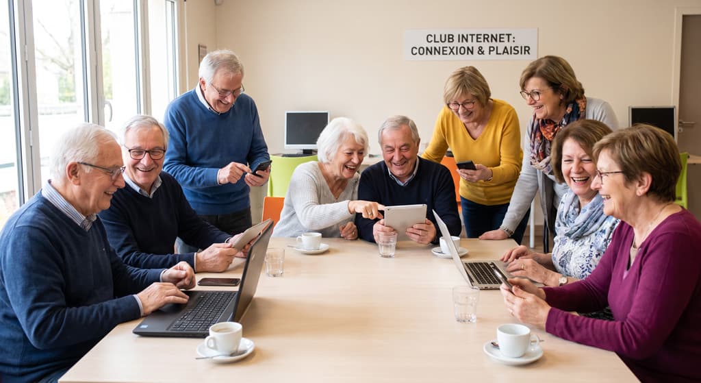 Un groupe de seniors souriants réunis autour d'une table, chacun avec un ordinateur portable, une tablette ou un téléphone, dans une salle de club Internet.