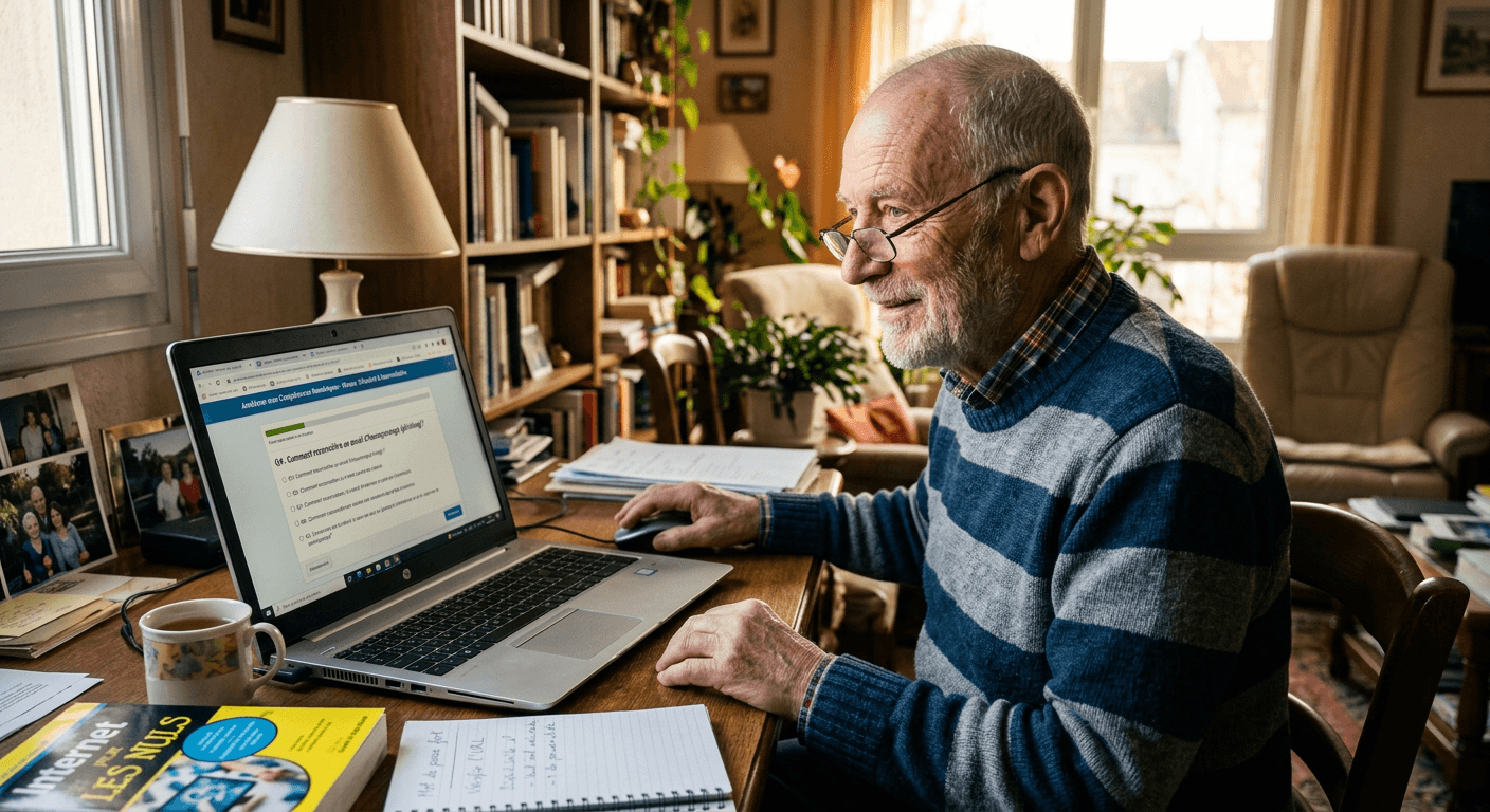 Un homme senior souriant, chez lui, répond à un quiz à choix multiples affiché sur son ordinateur portable.